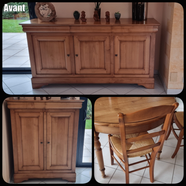 Séjour merisier Louis Philippe revisité “enfilade – table – chaises – confiturier” – Image 2