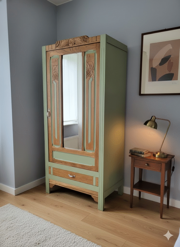 Armoire bonnetière à miroir “Art Déco” en chêne de 1930 personnalisée