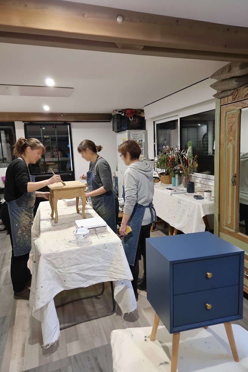 Groupe de participants à l'atelier relooking de meubles d'Au Gré du Pinceau à Bonchamp-lès-Laval
