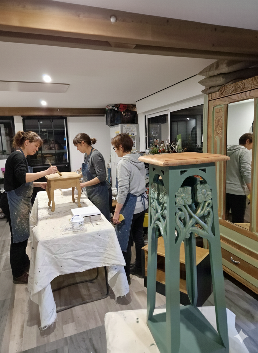 Participants à un atelier relooking de meubles — Au Gré du Pinceau