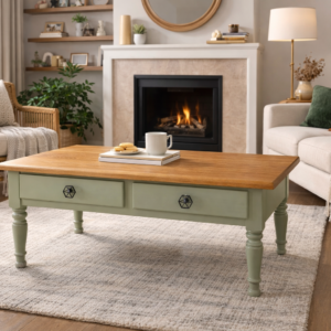 Table basse en chêne sublimée vert gommier