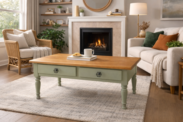 Table basse en chêne sublimée vert gommier
