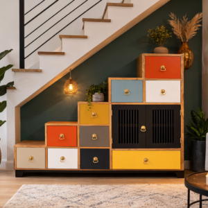 Meuble escalier revisité haut en couleurs