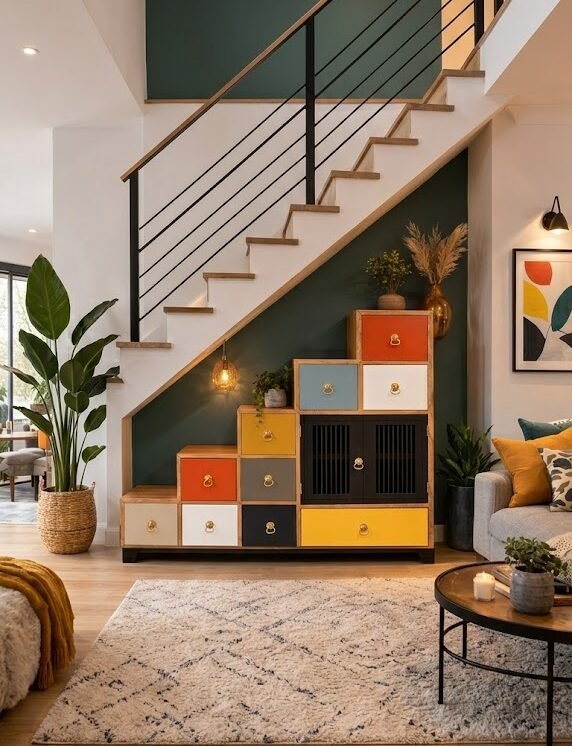 Meuble sous escalier relooké avec des tiroirs multicolores — réalisation Au Gré du Pinceau