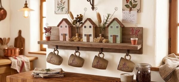 Étagère murale artisanale en bois massif avec trois petites maisons, pots fleuris et quatre tasses Coffee suspendues