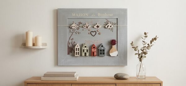 Tableau mural Maison du Bonheur : cadre bois gris patiné, quatre petites maisons colorées et pinces à photos