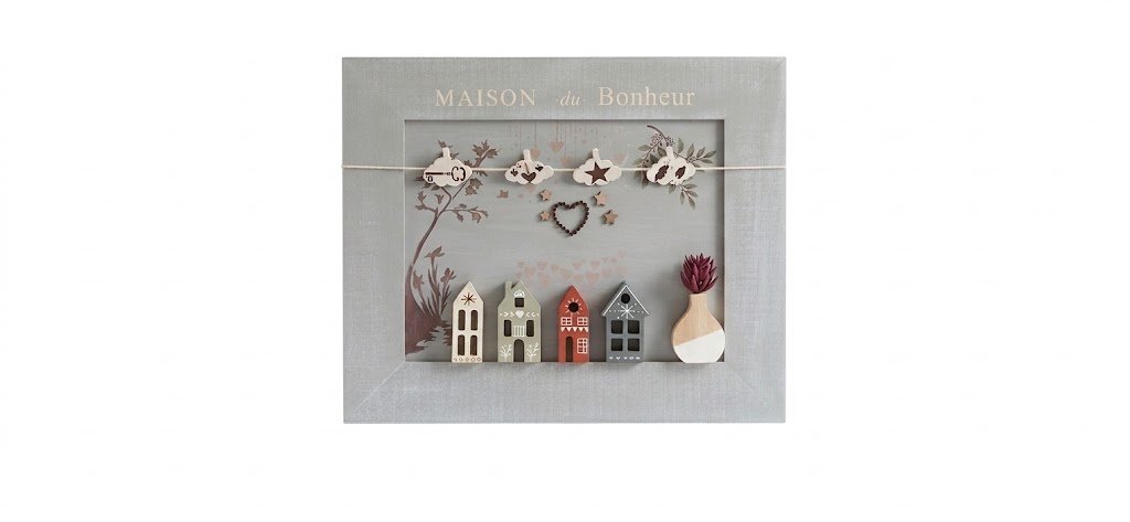 Tableau Maison du Bonheur accroché au mur, scène miniature de maisons en bois et vase décoratif