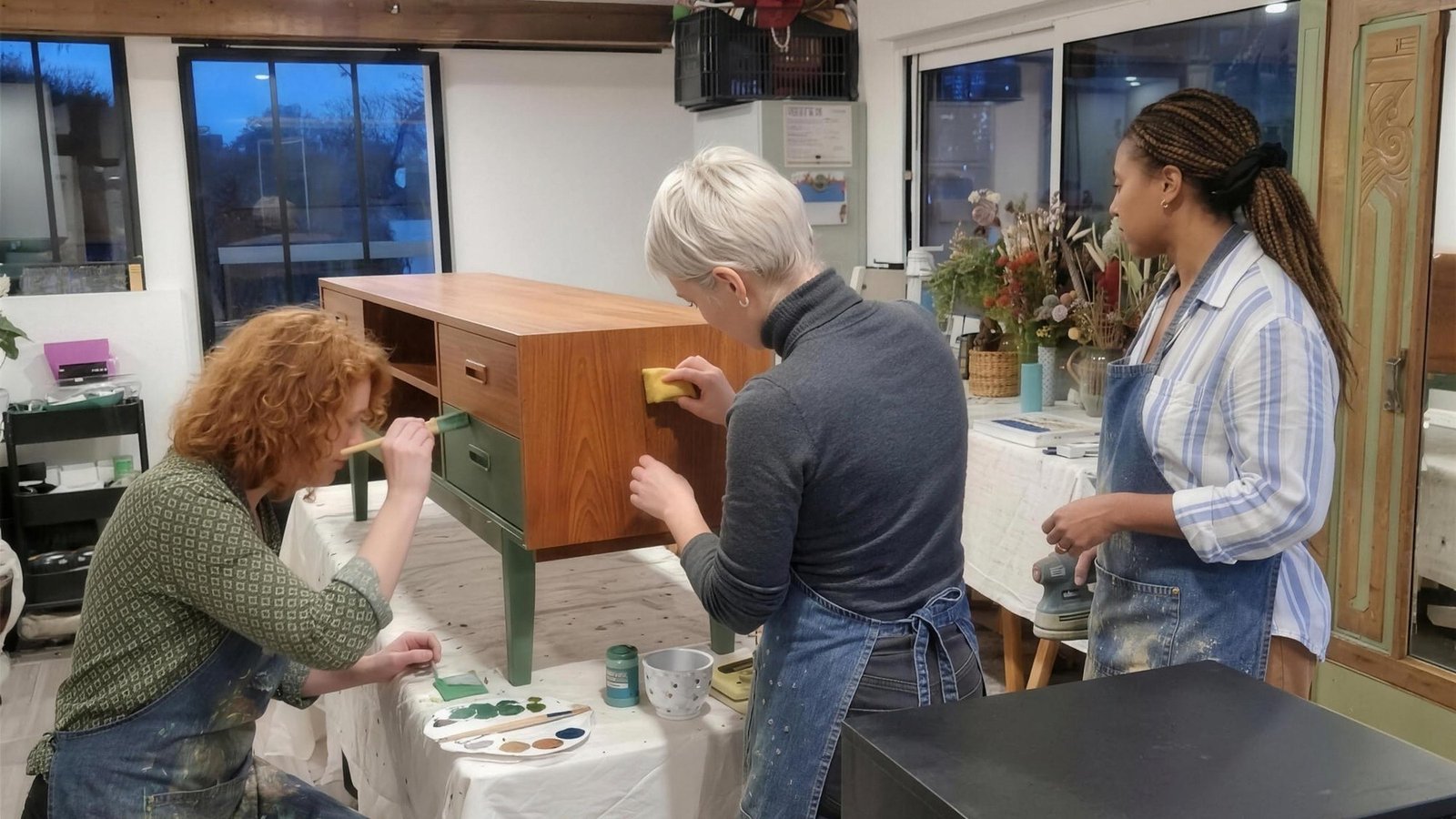 Participantes à un atelier relooking peignant une commode — Au Gré du Pinceau