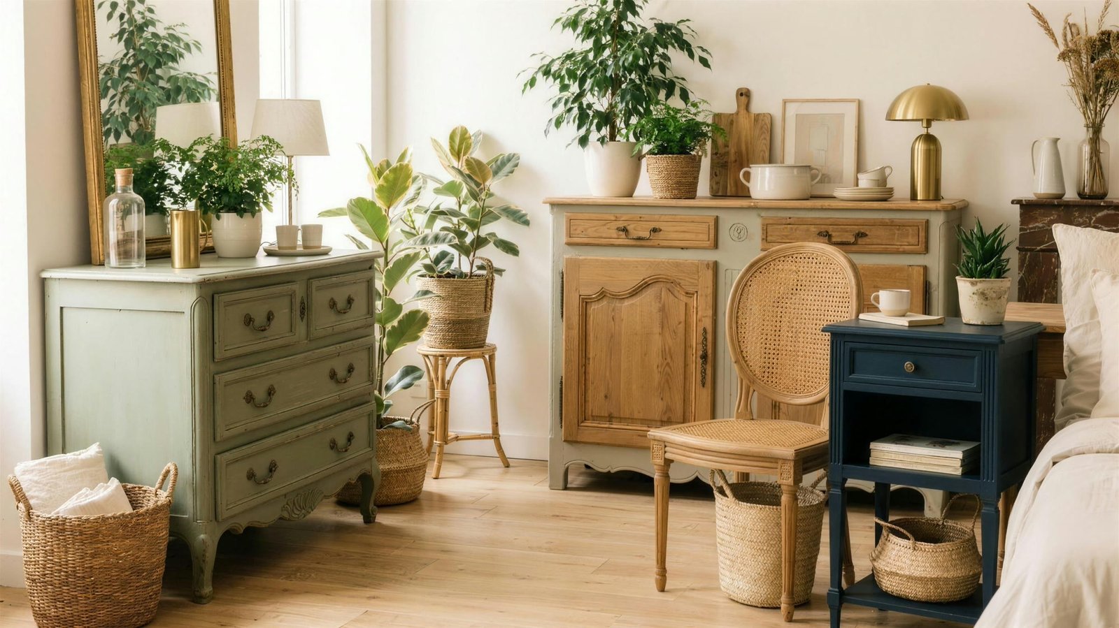 Meubles relookés mis en scène dans un intérieur