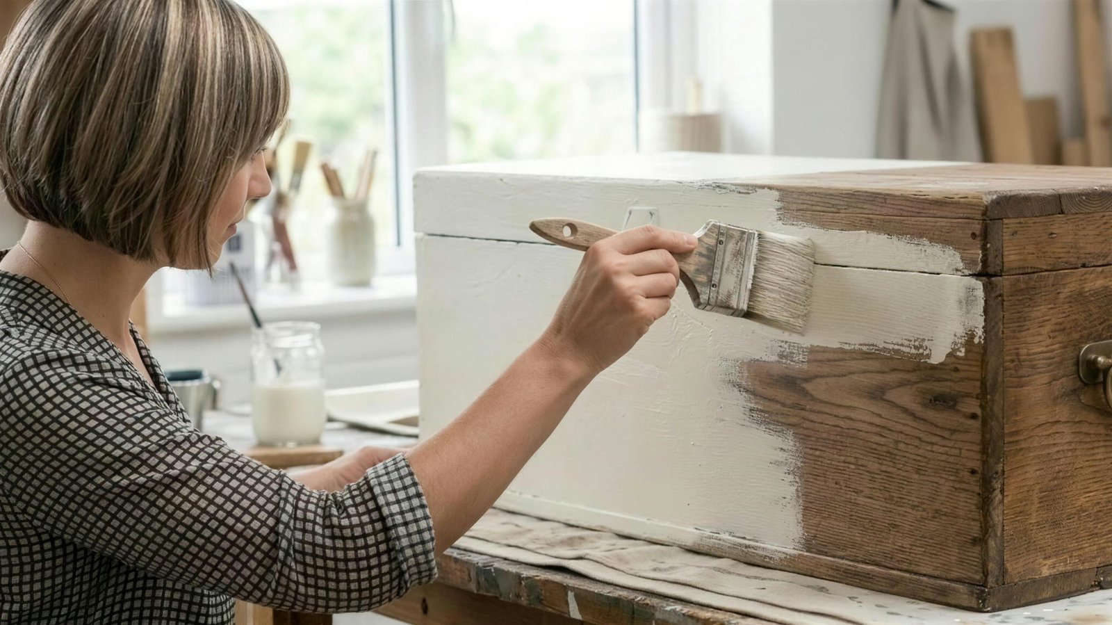 Peinture à la craie appliquée au pinceau sur un coffre en bois